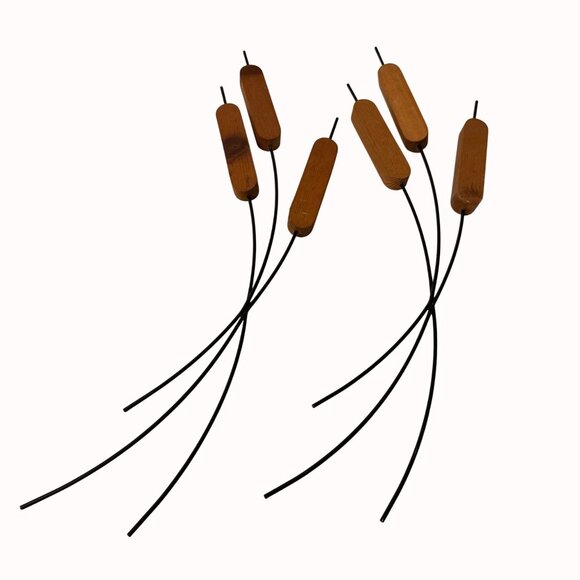 MCM Cattail Stems Wall Hanging Decorative Wood Metal Rustic Cabin Set of 2 - Picture 4 of 14